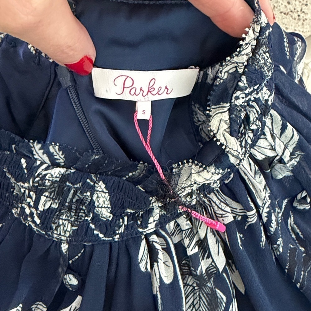 Parker Shelby long sleeve 100% silk blue white floral mini dress small s - Picture 3 of 7
